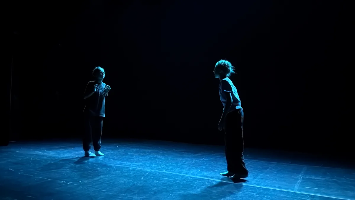 Due danzatori in controluce blu sul palcoscenico — Collettivo Nanouk, light design SUONO E LUCE